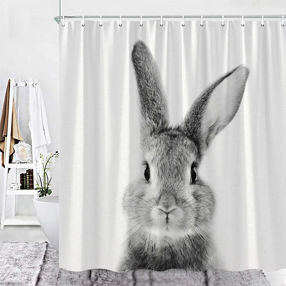 Lustiger Brauner Hase Duschvorhang Niedliches Tier Lieblich Haustiere Kind Badvorhang Stoff Dekor Badezimmer Zubehör Set Haken Waschbar