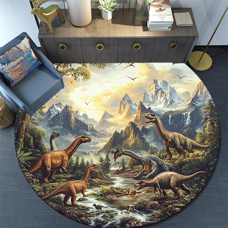 Dinosaur Landscape Round Area Rug,Carpet Rug for Living Room Bedroom Sofa Playroom Decor,Non-slip Floor Mat