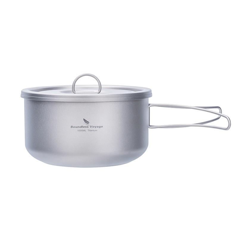Ultra-Light Pure Titanium Camping Pot 1L Single-Layer Rice Cooker With Foldable Handle 1-2 Person Outdoor Use