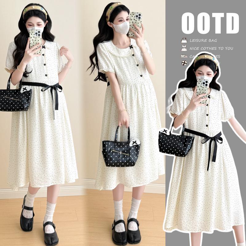 Summer Polka Dot Lace Doll Collar Asymmetrical Maternity Dress M