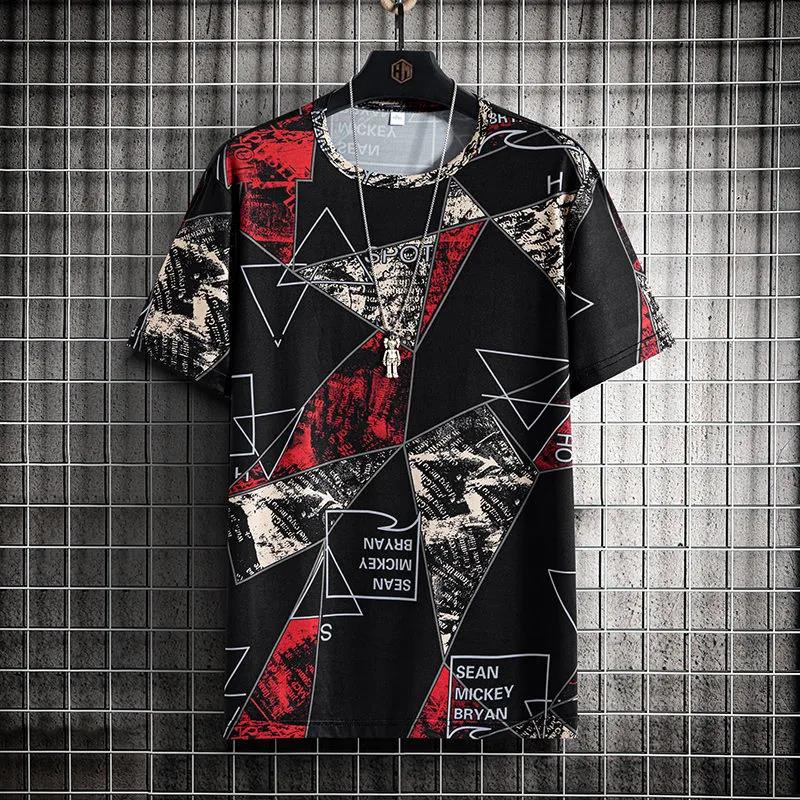 Sommer Eis-Seide T-Shirts Übergroße Geometrischer Grafikdruck Tees Weiche Atmungsaktive Kühle Oberteile Herren O-Ausschnitt Kurzarm Lässige Hemden