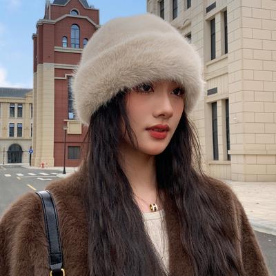 Hat Female Solid Color Versatile Imitation Mink Mongolian Hat Winter Imitation Fur Warm Bucket Hat Thick