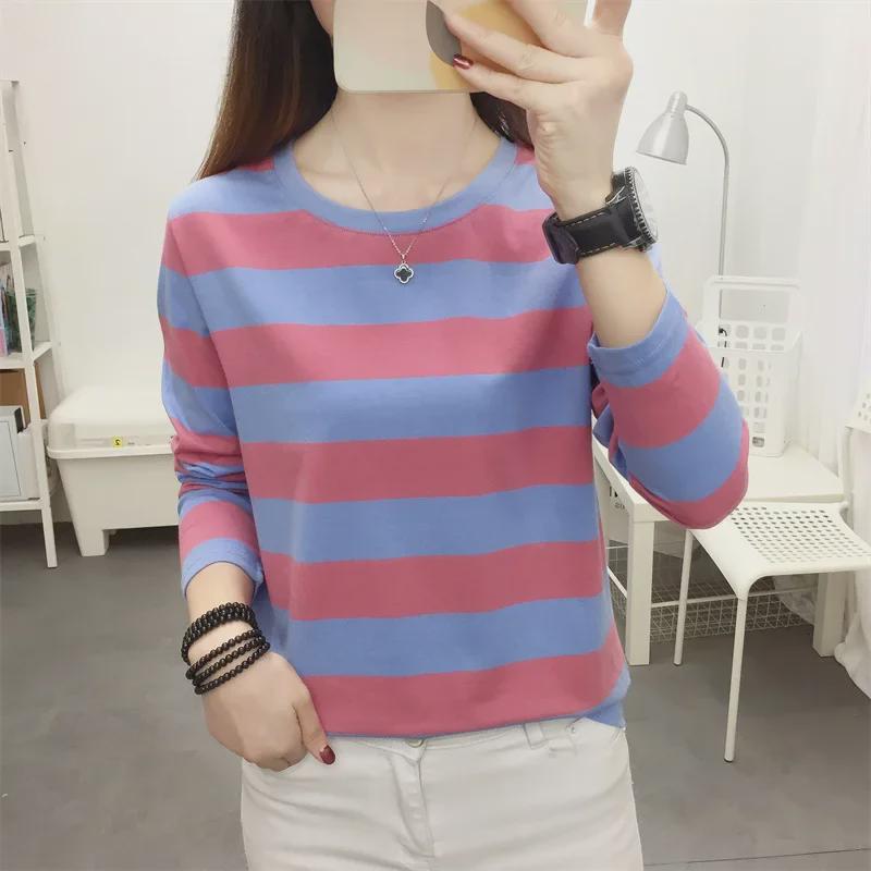 Spring 2024 Korean Oversized Striped Cotton Long-Sleeve Women's T-Shirt