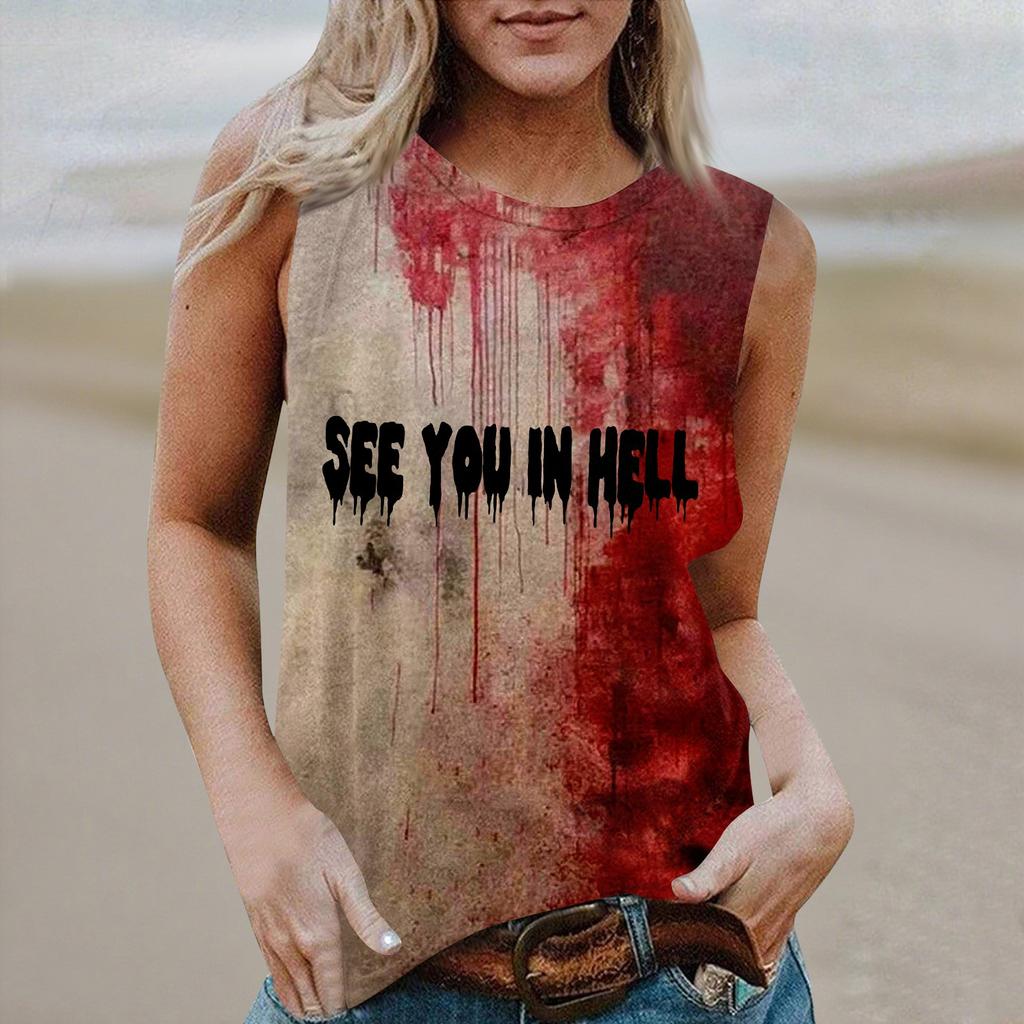 Women's Round Neck Casual Sleeveless Halloween Printed Vest T-Shirt Top
