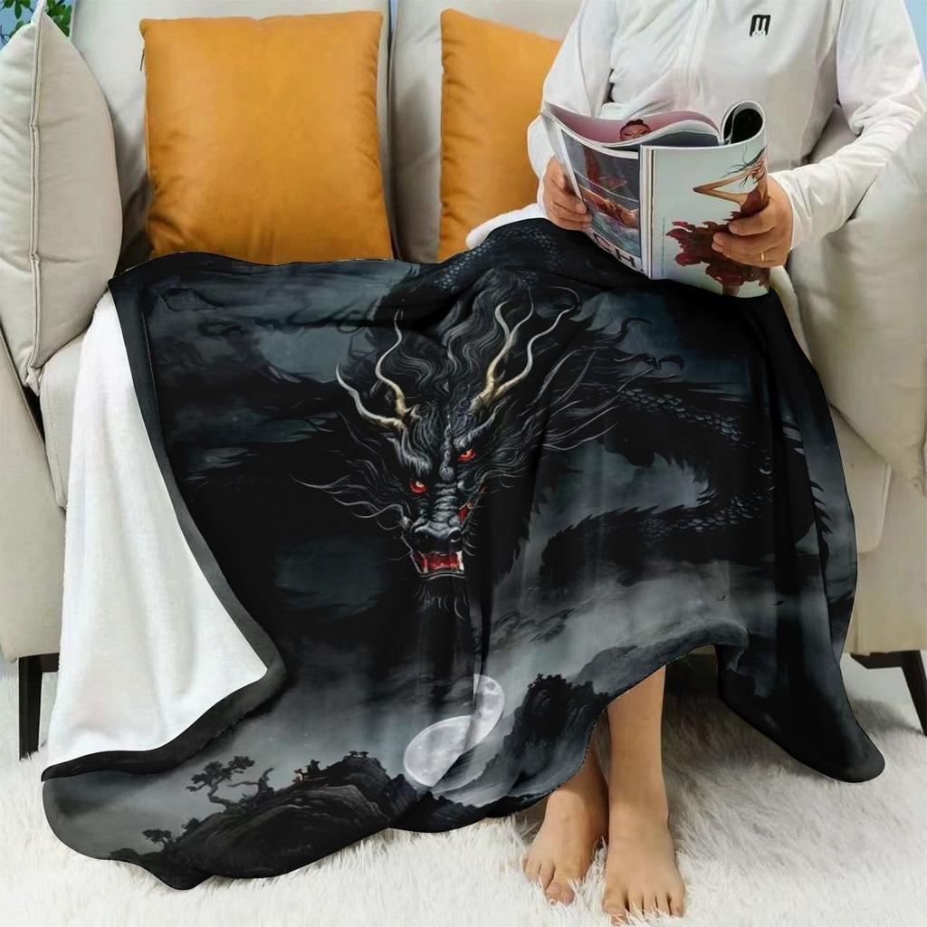 VIKAMA Black Chinese Dragon Blanket - Soft and Comfortable Sofa, Bedroom Cover, Office, Outdoor Travel Blanket