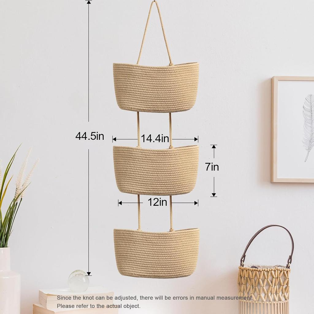 3-Layer Wall Hanging Storage Basket Multipurpose No-Punch Door Storage Pouch Handwoven Hanging Storage Pouches