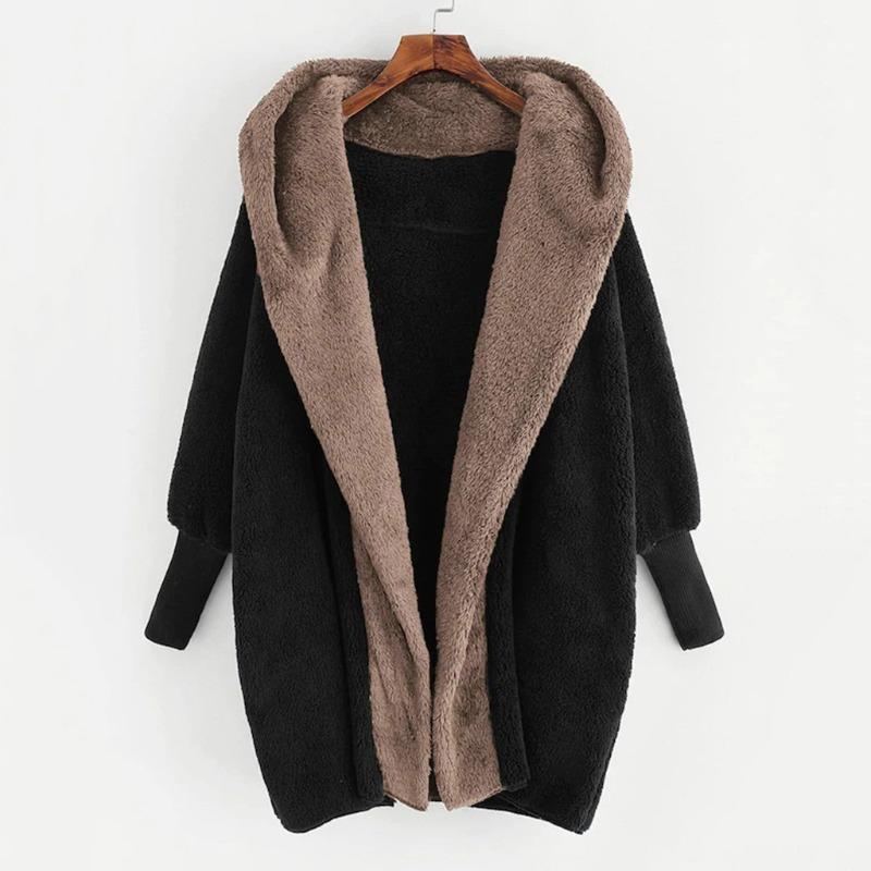 

New Women s Color Blocked Double-sided Velvet Hooded Loose Cardigan Jacket S