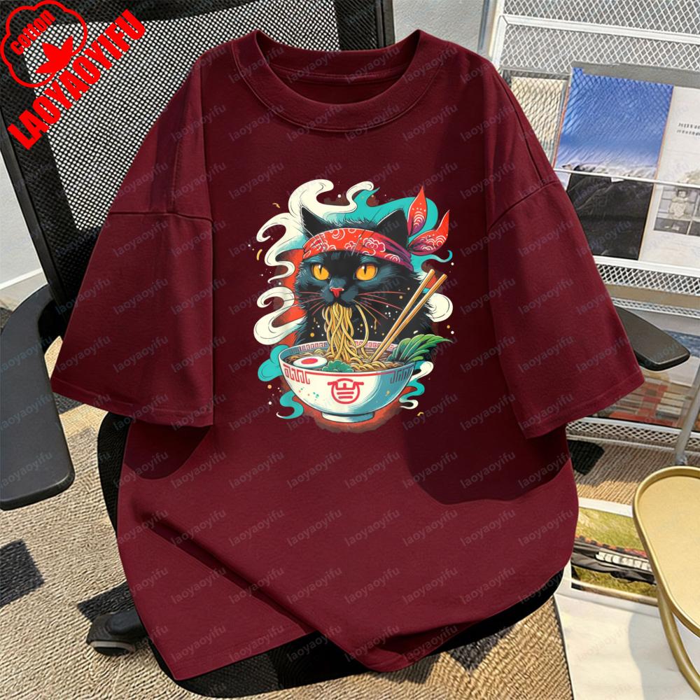 

Bold RaUnisex Cat Graphic Retro Tee Kawaii Food TShirt Holiday Japanese Noodle Anime Otaku Casual Style Unisexs Women Cotton Tops 3XL