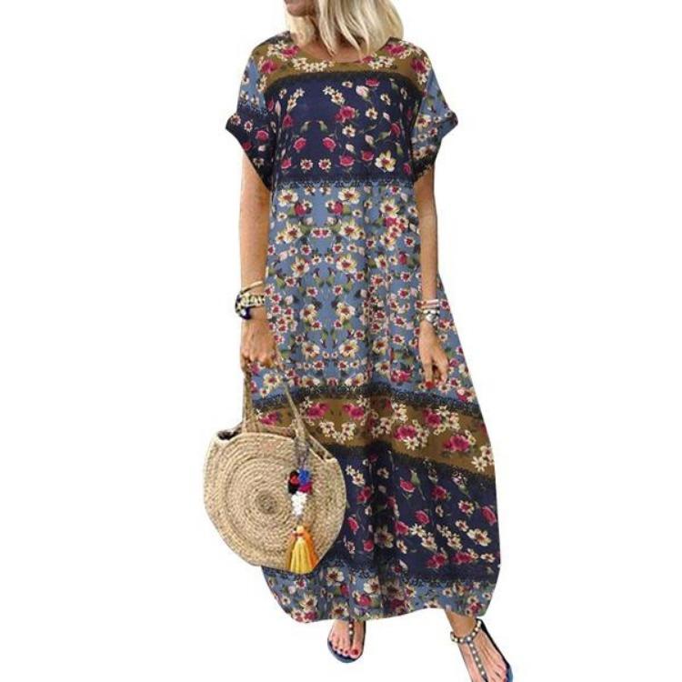 Summer Floral Vintage Cotton Dress Women O Neck Short Sleeve Patchwork S