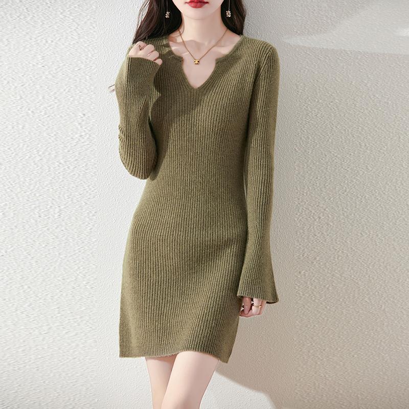 Women Sweater Dress 100% Wool V-neck Knit Long Pullover Winter Jumpers Wool Long Dress Female