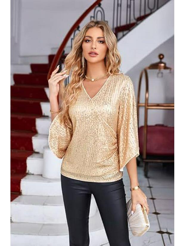 Women's Loose V-neck Sequin Flare Sleeve Top - Trendy Casual Vacation T-shirt