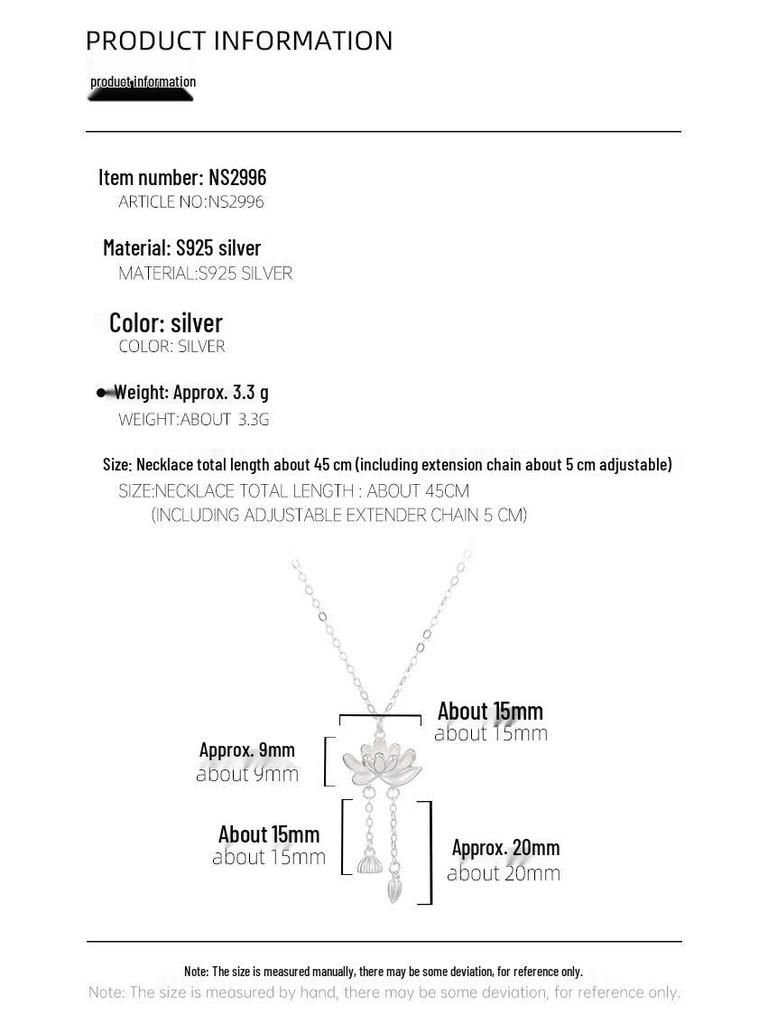Banyan Tree S925 Silver Lotus Pendant Necklace - Women's Ancient Style Clavicle Chain