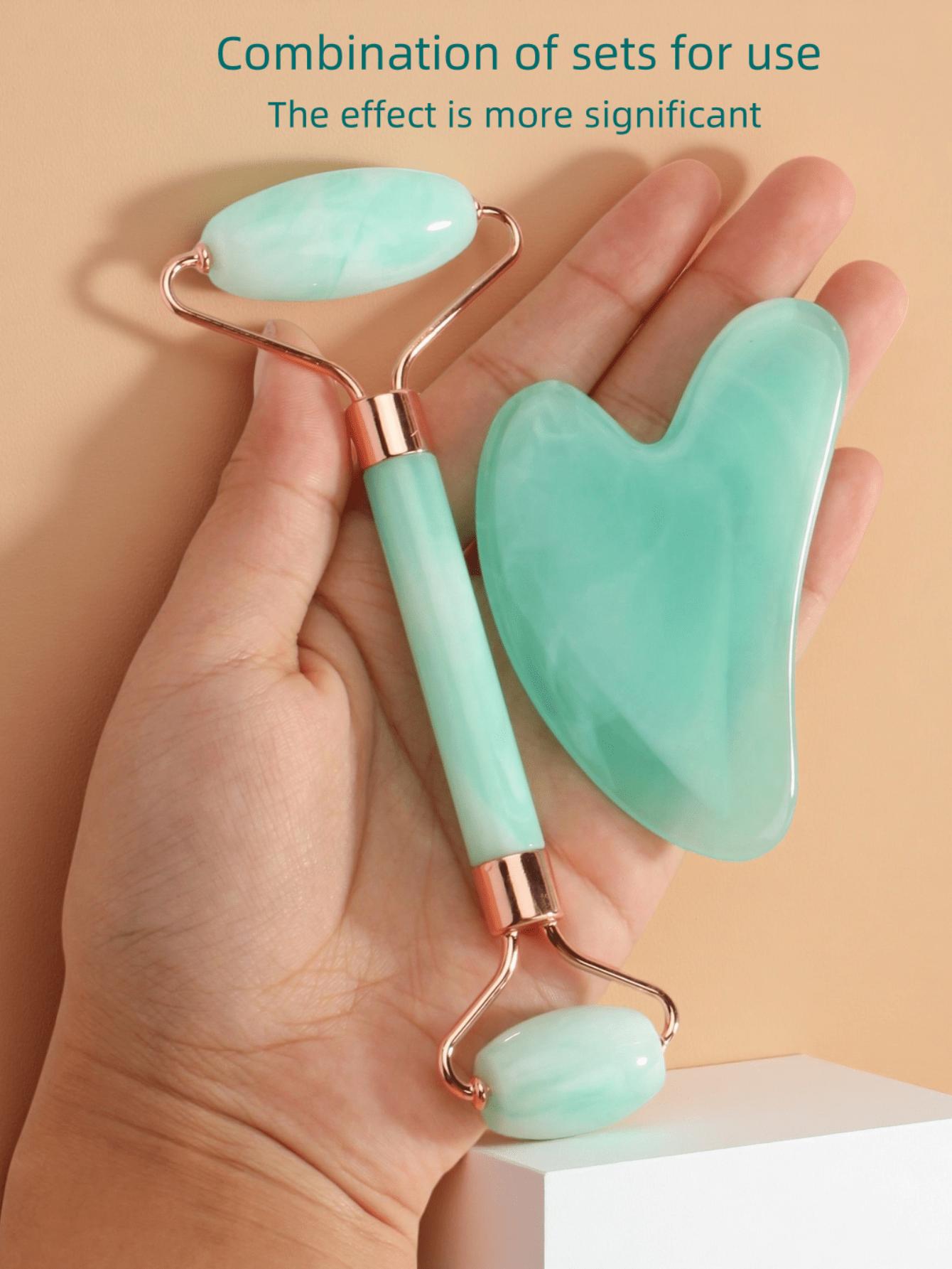 

2 Pieces/Set Facial Beauty Massage Tool Set - Double-Head Massage Roller, Triangular Scraping Board, Roller Scraping Body Scraping Massage Tool Set зелёный