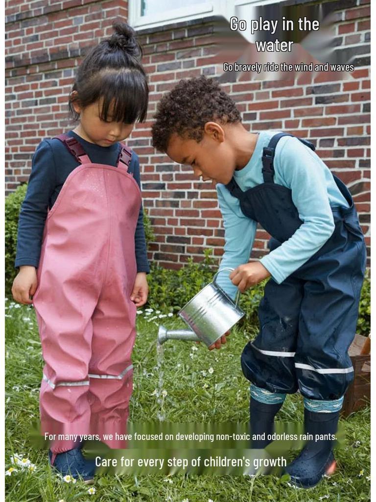 Children's Waterproof Fleece-Lined Outdoor Rain Bib Pants Jumpsuit