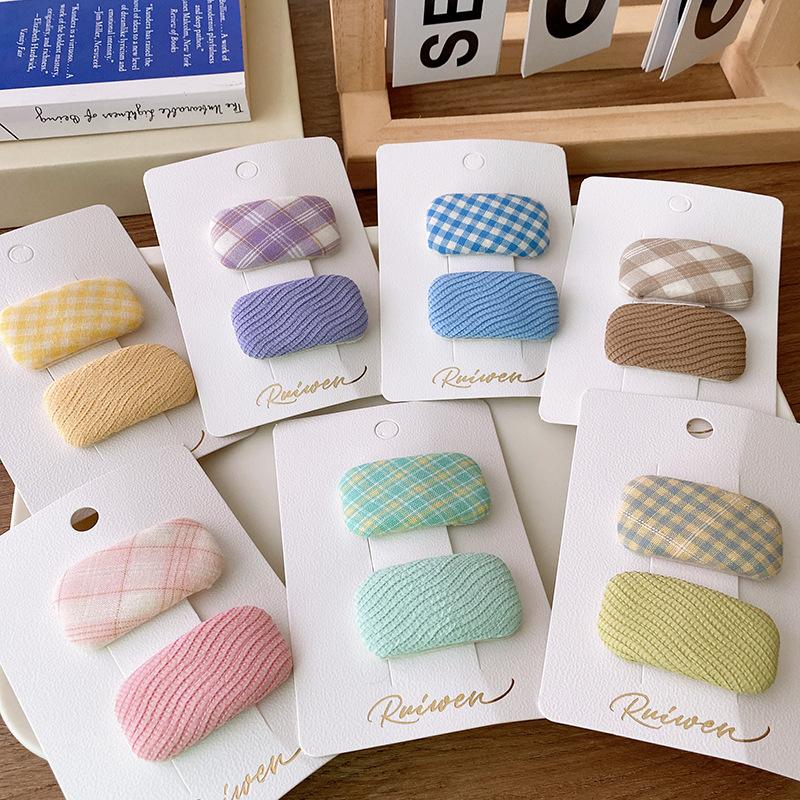 2Pcs/set Macaron Fabric Plaid Hair Clip Solid Color Square Cotton Filling Hairpin Children's Side Bangs Clip Girls Hair Accessories