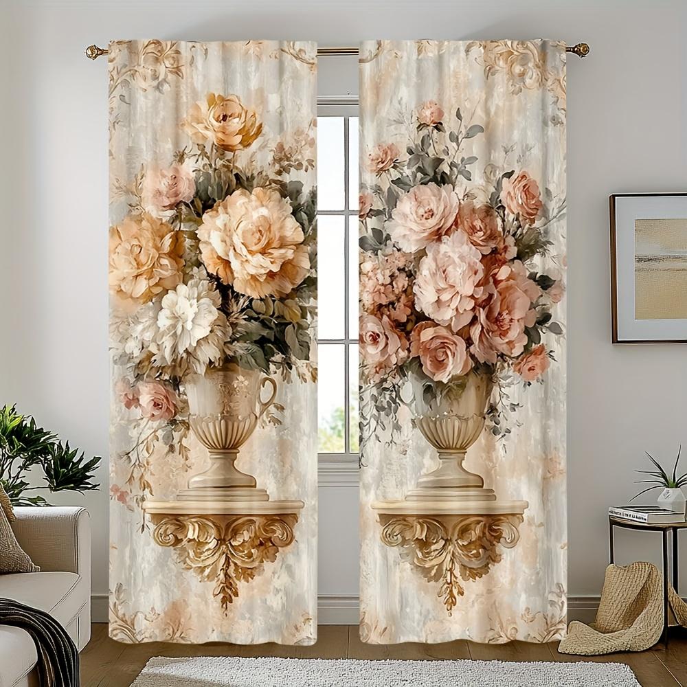 2Pcs Elegant Floral Bouquet Print Polyester Curtains With Rod Pocket – Perfect For Living Room, Bedroom, Office & Kitchen Decor