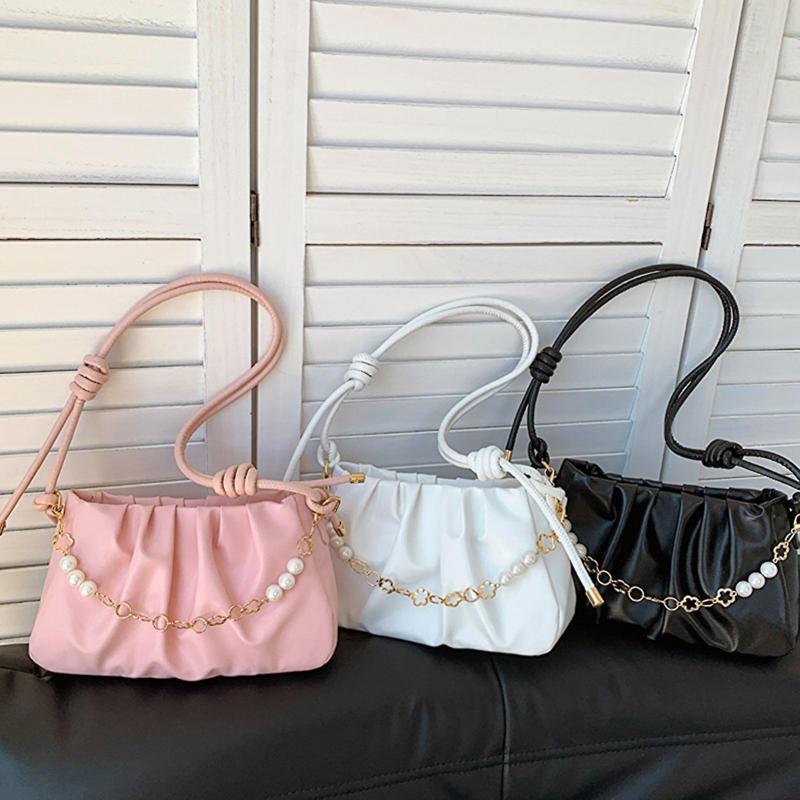 Γυναικεία Τσάντα ώμου Faux Leather Chain Bead Decor Ομαλό κλείσιμο με φερμουάρ Πλισέ ρυθμιζόμενη γυαλιστερή τσάντα μεγάλης χωρητικότητας