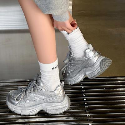 Scarpe da Ginnastica da Donna Argentate Nuove per la Primavera in Rete Traspirante Pelle Suola Spessa Rialzanti Piccole Sneakers