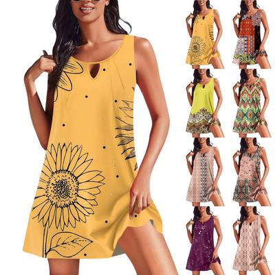 Vestidos de verão femininos soltos com decote em U sem mangas vestidos de verão com bolsos