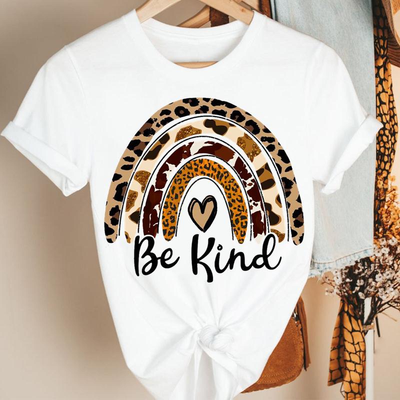 Trendy and Fashionable Leopard Print Rainbow Be Kind English Letter Print Teenagers Summer Tshirt for Unisex and Women Graphic S