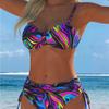 1011 New Sexy European and American Bikini Print Lace-up Halter Swimsuit Women