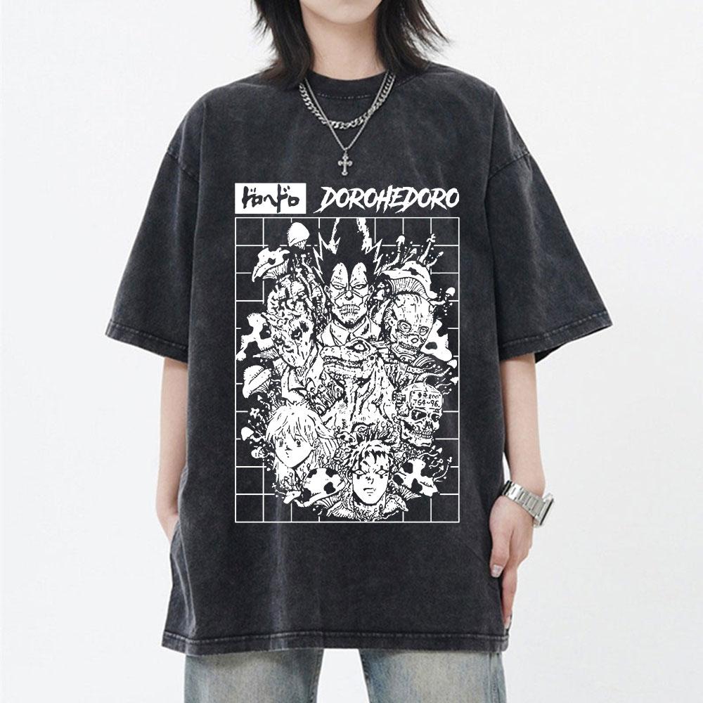 Anime Dorohedoro Gyoza Crazy Hungry Bug Vintage Washed T-shirt Men Women Manga Graphic T-shirts Gothic Horror Oversized T Shirts