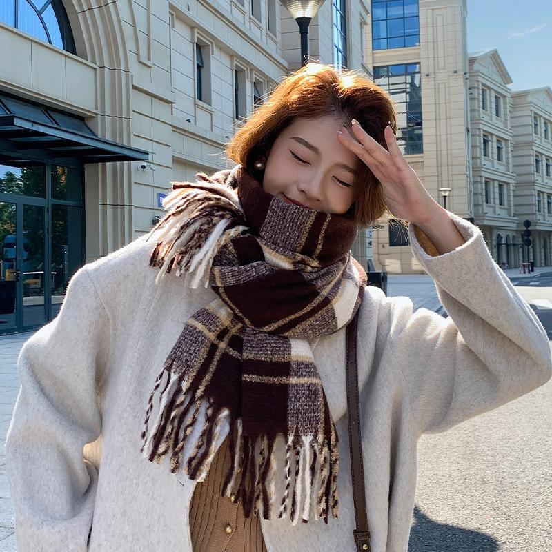 Atmosphere Maillard Plaid Scarf Women's Winter Autumn and Winter New Versatile Warm Scarf Student