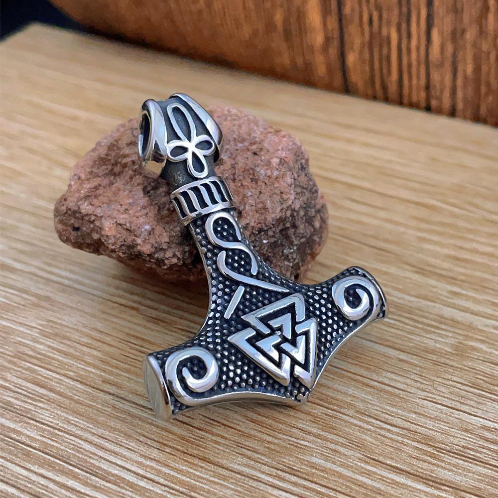 Stainless Steel Men's Pendant Necklace Viking Odin Celtic Triangle Knot Thor's Hammer