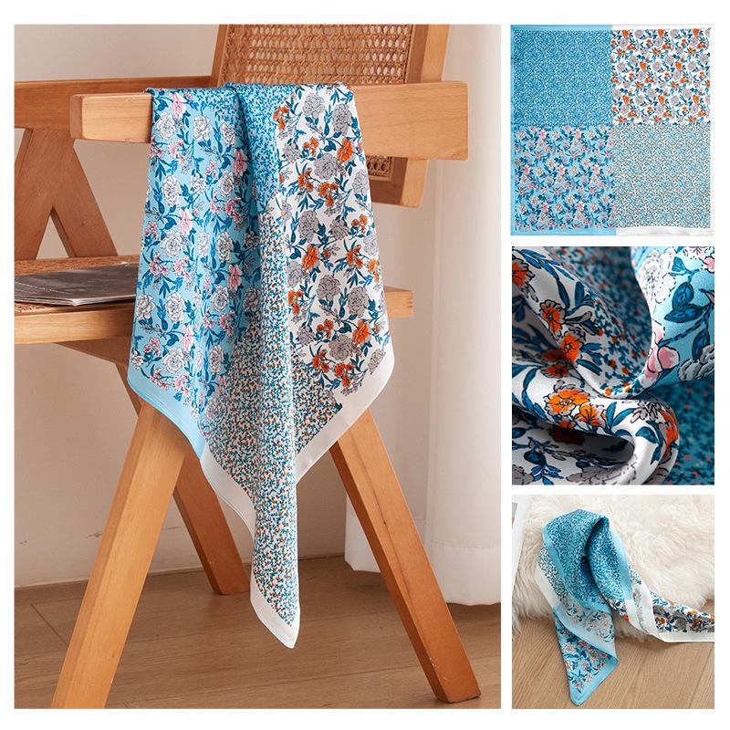 Blue floral mulberry silk silk scarf plant flower pastoral scarf female versatile temperament scarf shawl dual-purpose 53*53cm
