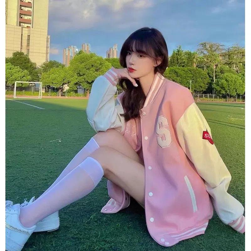 Women's Retro College-Style Pink Velvet Baseball Jacket - All-Match Thickened Cardigan Coat for Spring and Autumn