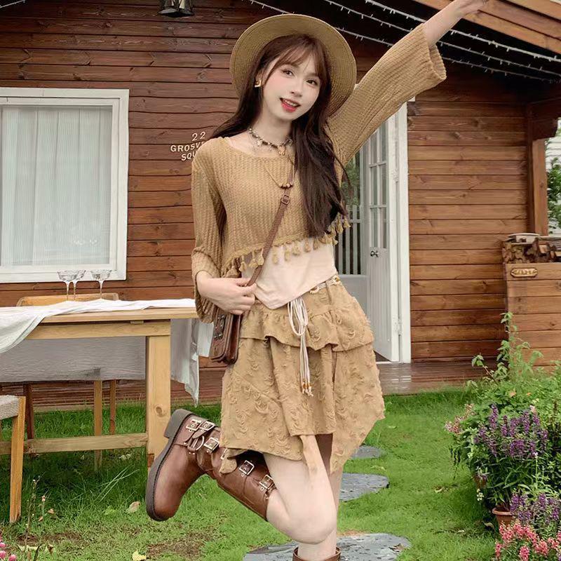 

Women s Post-Apocalyptic Summer Outfit: Irregular Design Hollow Long-Sleeve Cover-Up, Camisole, and Skirt 3-Piece Set Small