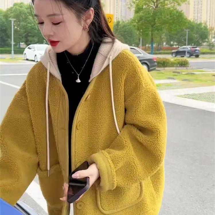 Women's Lambswool Fur-Lined Hooded Jacket - Autumn/Winter Loose Slimming Versatile Top