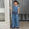 Girls' Summer Denim Plaid Lace Two-Piece Set: Sleeveless Vest & Wide-Leg Pants, Korean Style