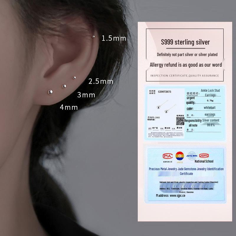 S999 Pure Silver Round Stud Earrings for Women - High-End Cartilage and Ear Piercing Needles to Prevent Clogging