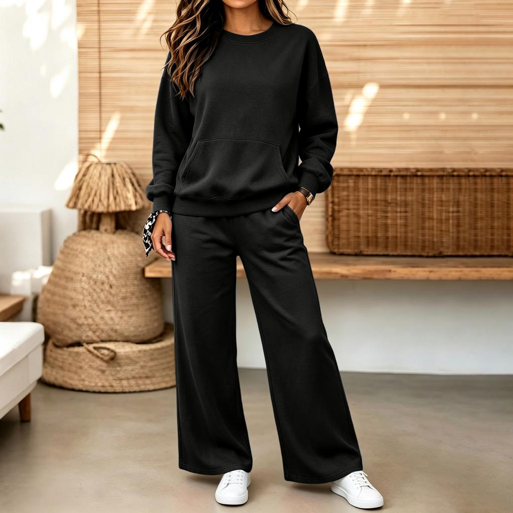 Conjunto Informal Cómodo de Sudadera y Pantalones para Mujer con Cuello Redondo y Bolsillos para Otoño Invierno