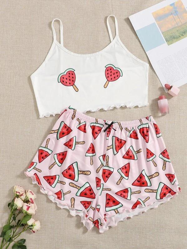 Set de pijamale cu maiou și pantaloni scurți, stil european și american, pentru vară: Pijama Casual Drăguță cu Imprimeu pentru Femei