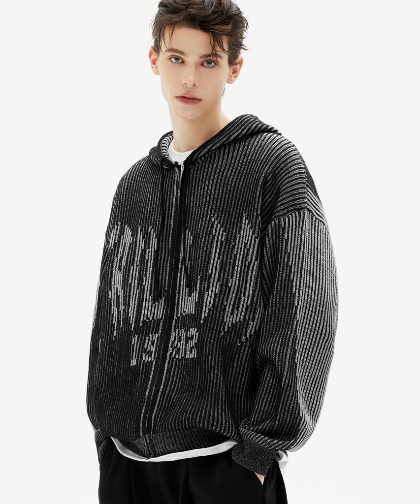 TRILLION Washable Two-Tone Hooded Zip-Up Graphic Knit (Black)