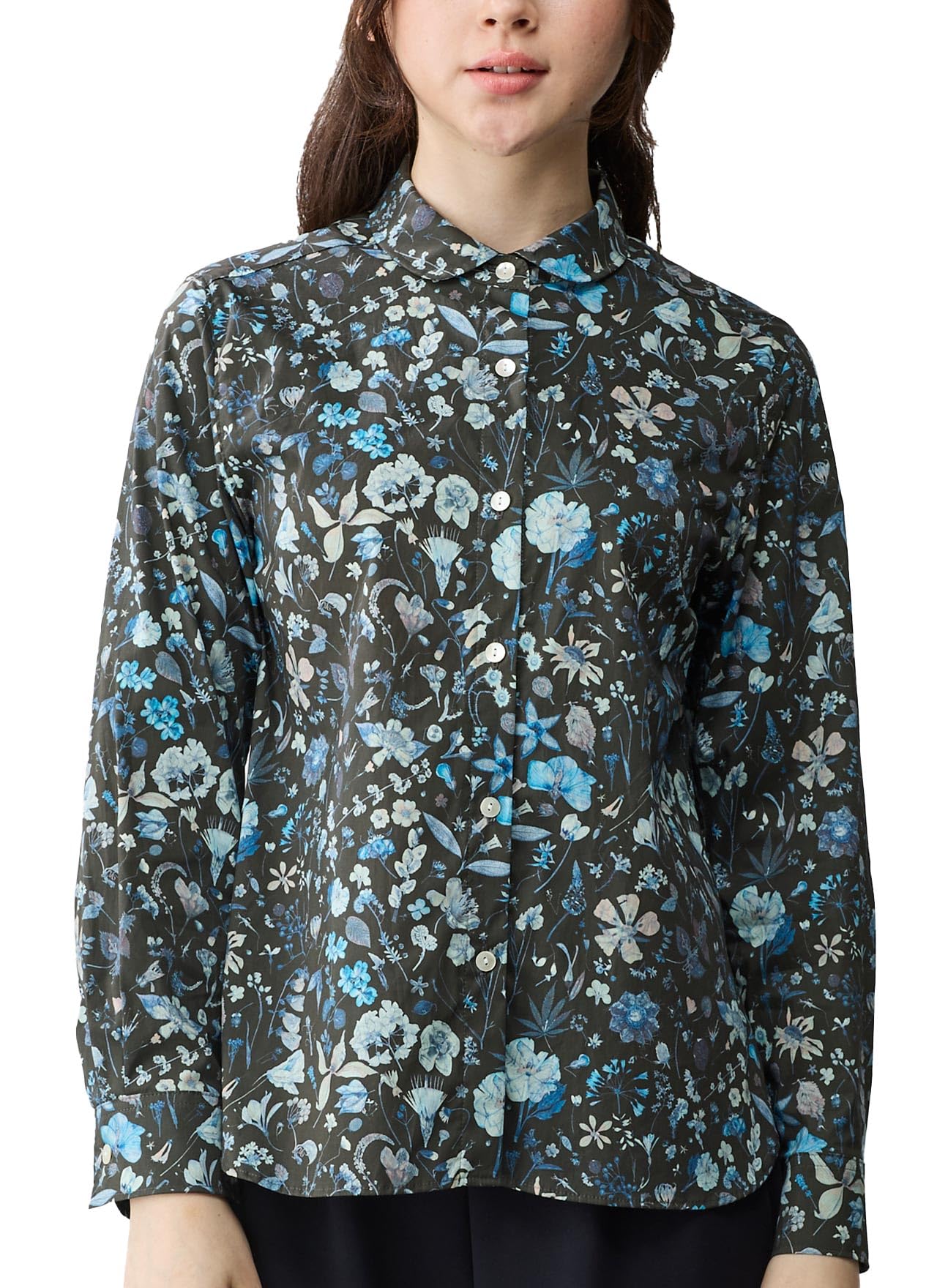 

920 Сделано в Японии Блузка-топ с круглым воротником Liberty с длинным рукавом Tana Lawn H Серый x Синий [SPAN] Женская (JP, Алфавит, L, Цветочный)