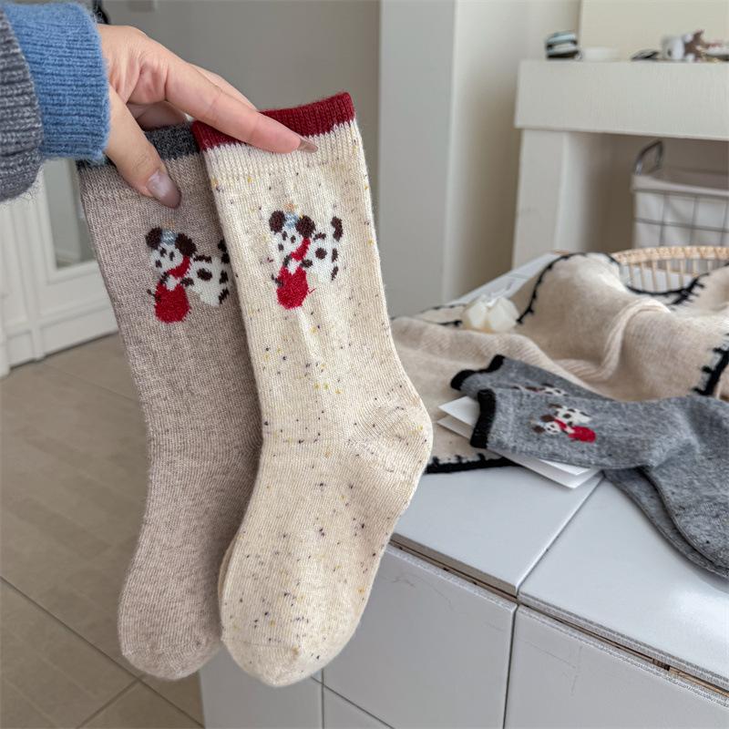 Grey Cute Christmas Dog Socks for Women, Thick and Warm Wool Mid-calf Socks for Autumn and Winter, Pile Socks with Burken Shoes
