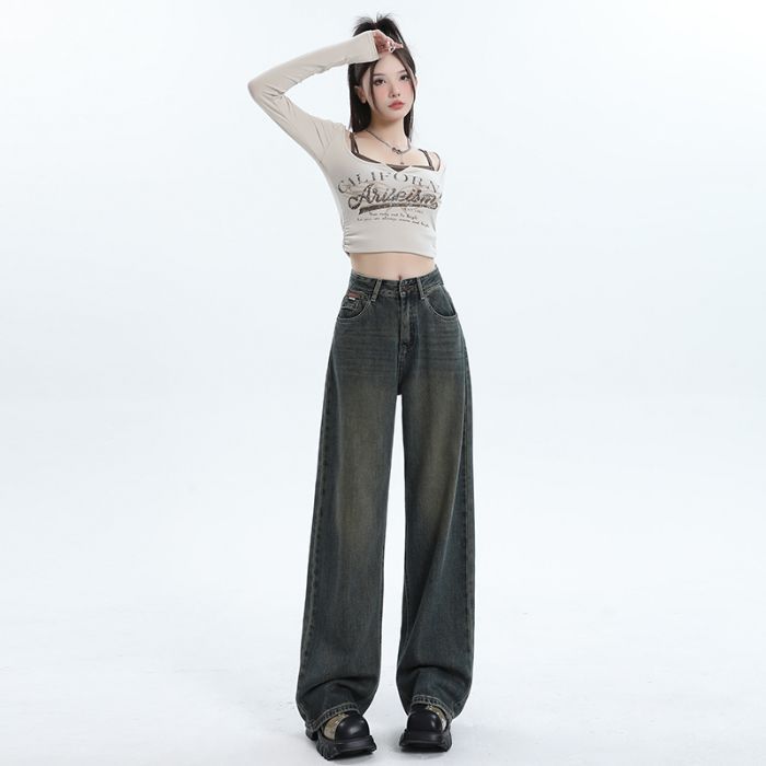 Spring Autumn High Waist Fashion Design Relaxed Straight Wide Leg Denim Pants For Ladies Casual Pants Oversize Denim Trousers
