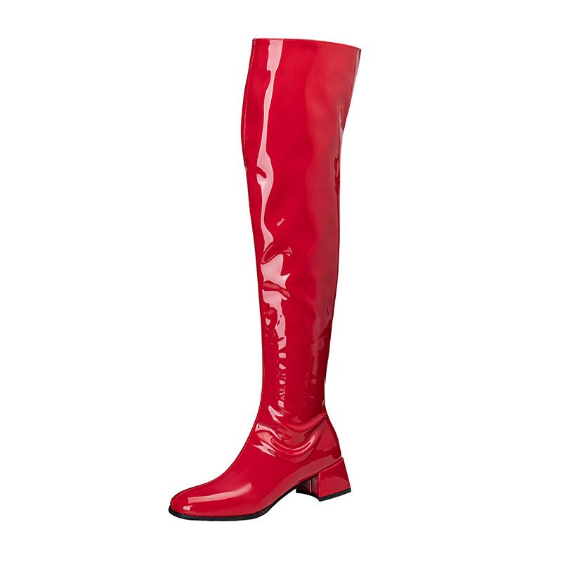 Patent Leather Tall Boots Over Knee Long Boots Pole Dance Boots Square Heel Knight Boots 32-46 Large Size Boots