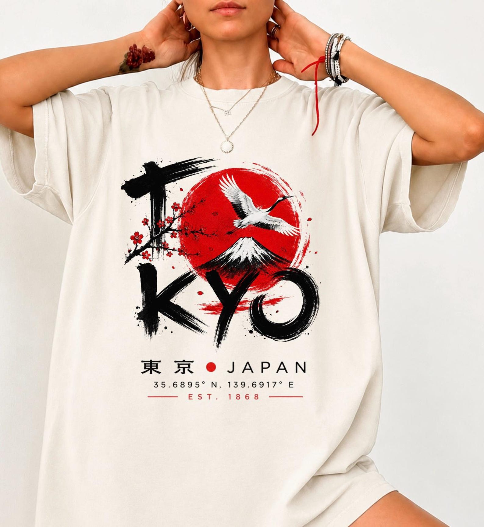Tokyo Japan Shirt, Vintage Japanese Graphic Tee, Mount Fuji Cherry Blossom T-Shirt, Japanese Crane Shirt, Tokyo Travel Gift S