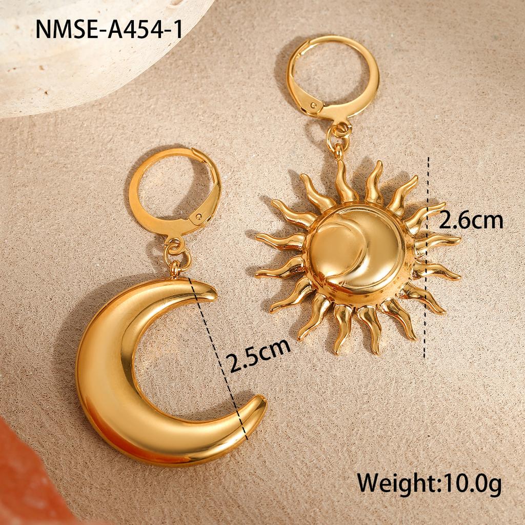 Stainless Steel Geometric Moon And Sun Earrings For Women, French Retro High-End Jewelry Gift