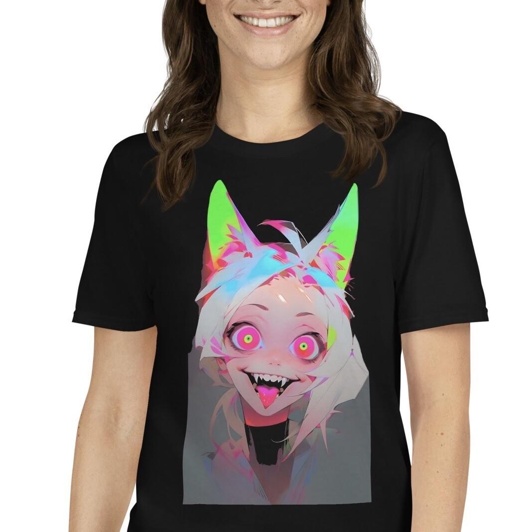 Anime Cat Girl Cyber Punk Neon Cyber Goth Short-Sleeve Unisex T-Shirt Mens Womens Tees Top 2XL