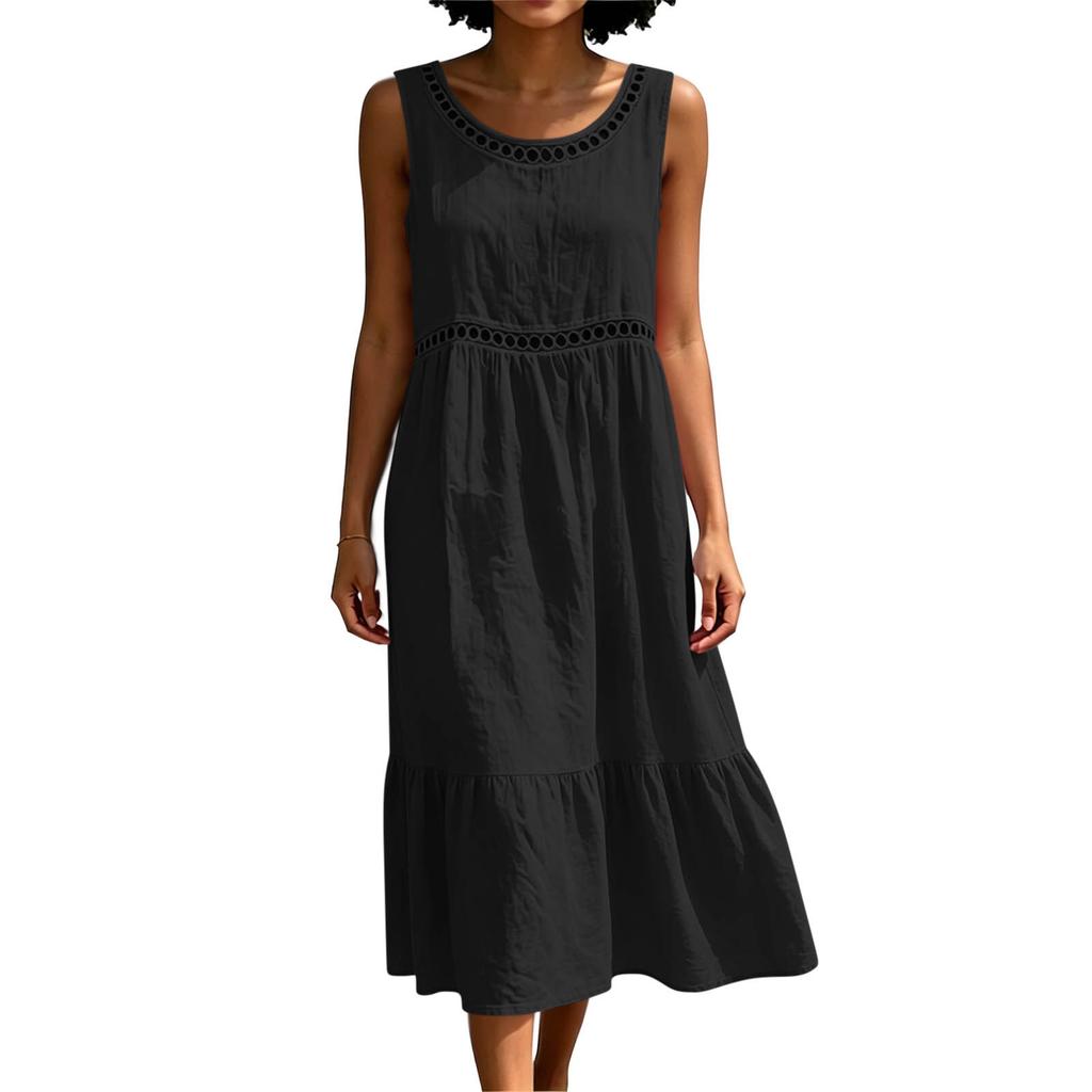 Women Sleeveless Crew Neck Cotton Linen Dress Hollow Out Lace Trim Midi Dress Summer Casual Loose Fit Solid Sundress