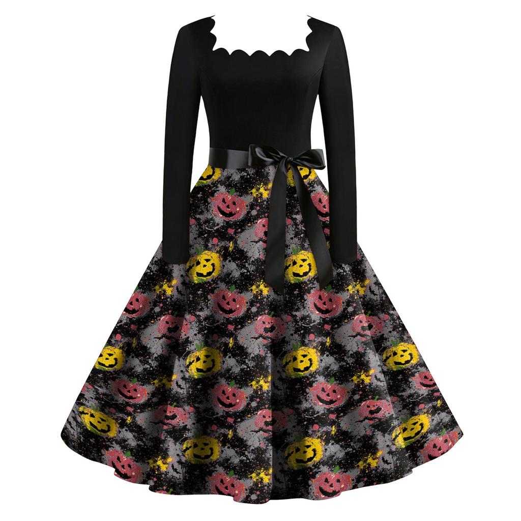 Women Vintage Long Sleeve Square Neck Halloween Printed Party Dress Retro Full Skirt Mid-Calf Length Elegant Fit and Flare Dress