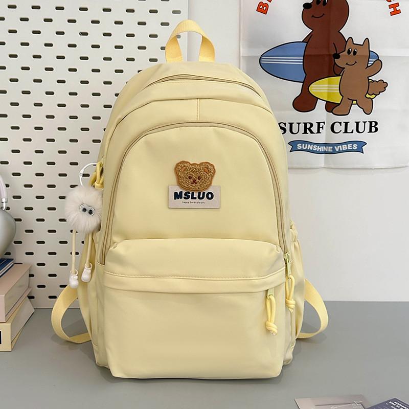 Simple Solid Color Plush Bear And Letter Decor Student Backpack With Pendant For Teens And College Students жёлтый