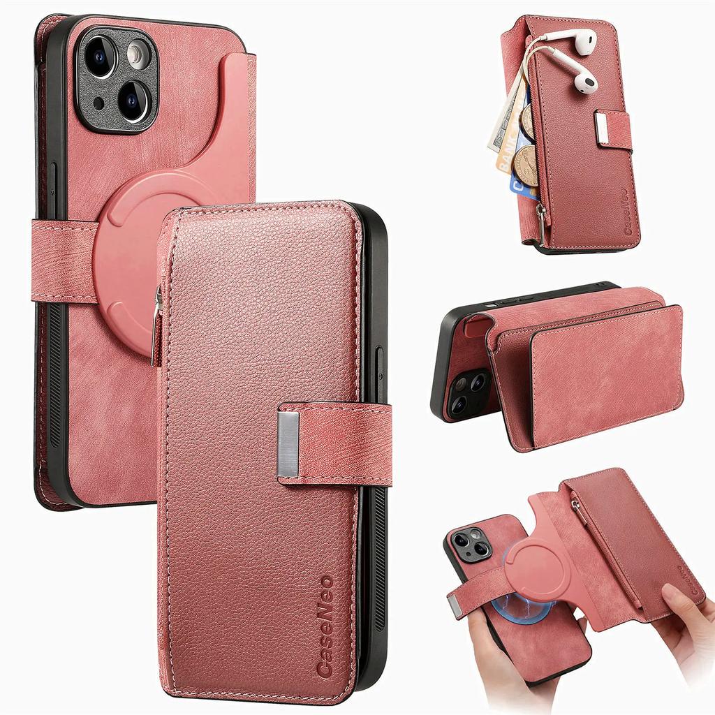 Reißverschluss Kartenfach Geldbörse Leder 2-in-1 Kabellose Ladehülle Für iPhone 15 16 Pro Max 14 Plus 13 12 11 XS Abnehmbare Tasche Hülle