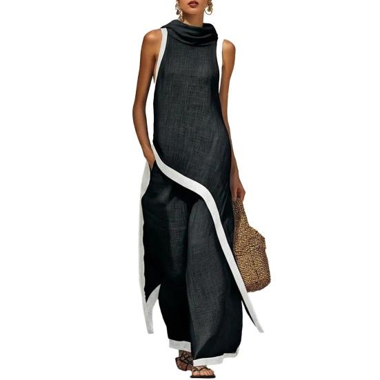 

Women Color Block Cotton Linen Two-Piece Outfit Asymmetrical Hem Mock Neck Sleeveless Top Wide-Leg Pants Vacation Lounge Sets S чёрный