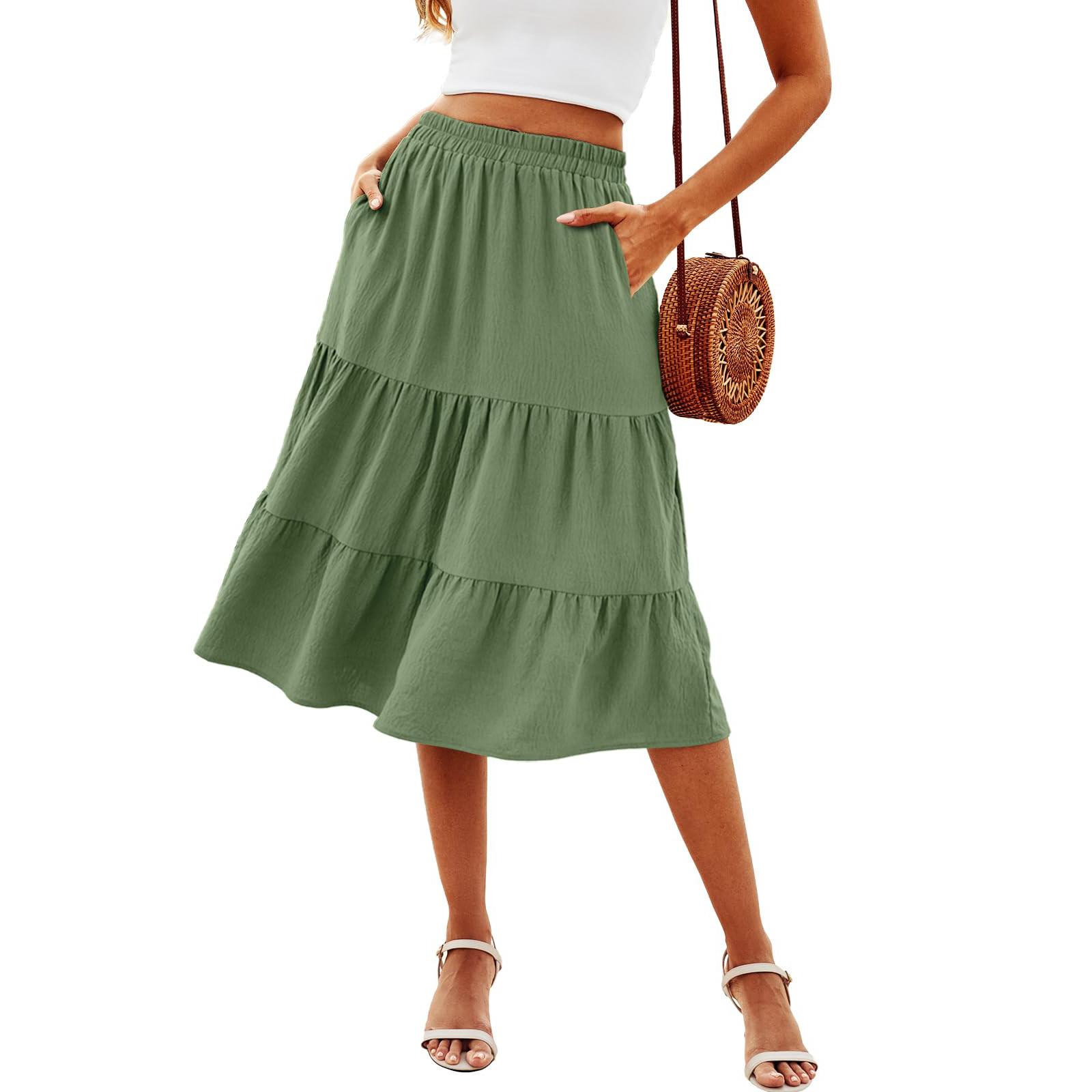 

Женская летняя юбка-миди в стиле бохо с струящейся отделкой, повседневная эластичная юбка с высокой талией, многослойная длинная юбка с карманами M